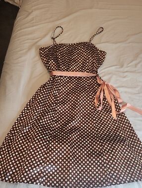 Jodi Kristopher Brown Polka Dot Spaghetti Strap Mini Dress with Pink Ribbon